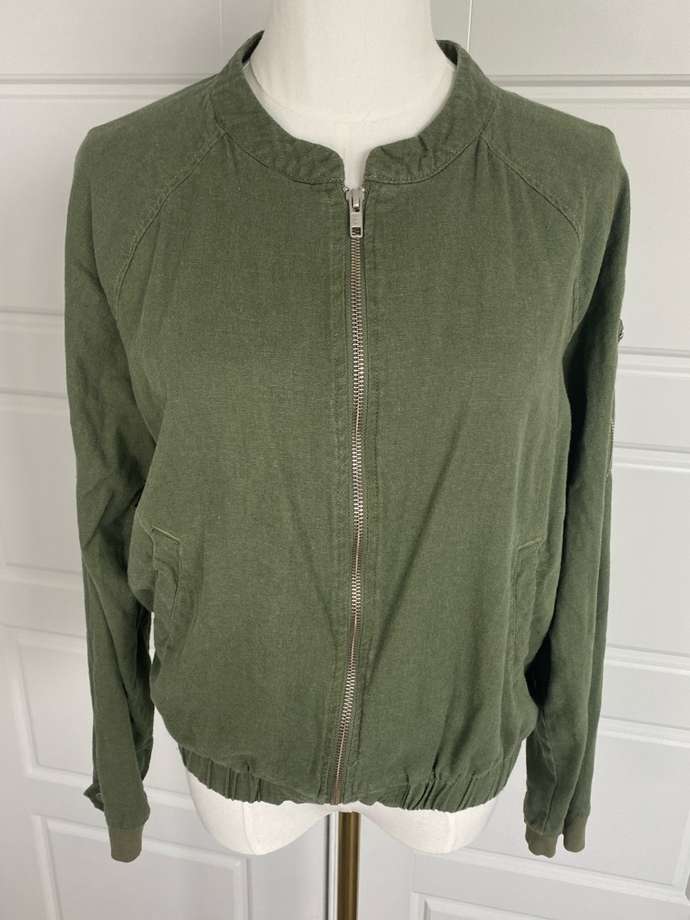 Sanctuary Olive Green Linen Blend Utility Bomber Jacket Size M